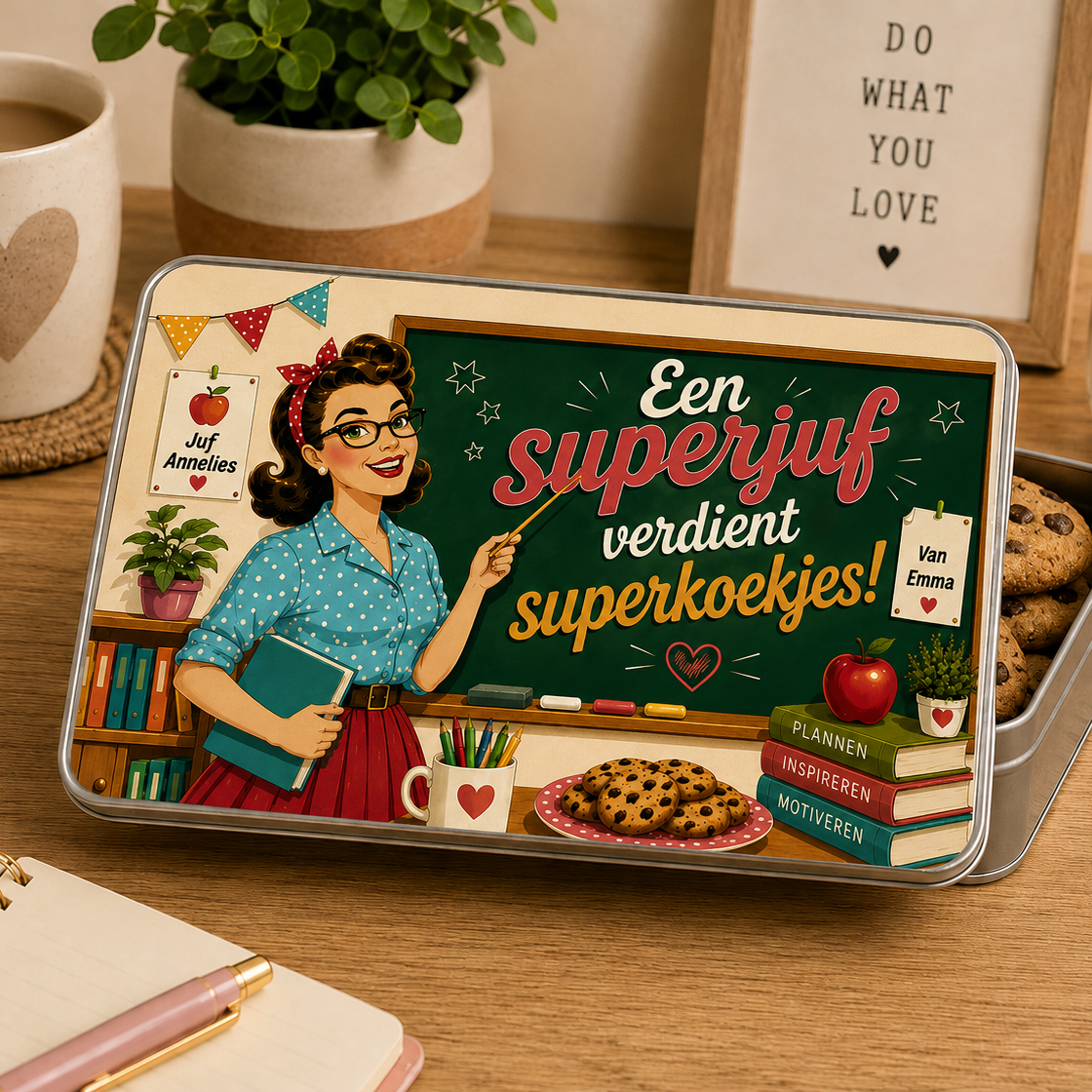 Blikken koekjesdoos met retro illustratie van een juf voor een schoolbord in groen, rood en geel, gevuld met koekjes.
