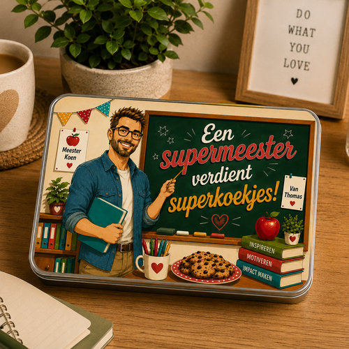 Blikken koekjesdoos met illustratie van een mannelijke leraar voor een schoolbord met tekst in meerdere kleuren en een stapel boeken.