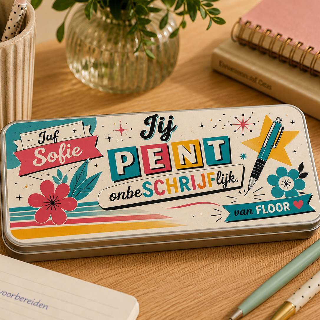 Metalen pennendoos met een kleurrijke, vrolijke tekst en decoratieve bloemen, sterren en een pen in blauw, rood en geel.