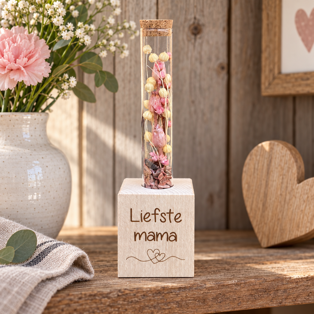 Houten blokje met gepersonaliseerde tekst en een glazen buisje met roze en witte droogbloemen en kurkensluiting.