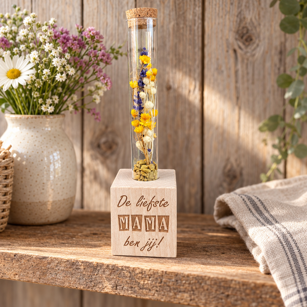 Houten blokje met gepersonaliseerde tekst en glazen buisje met gele, witte en paarse droogbloemen.