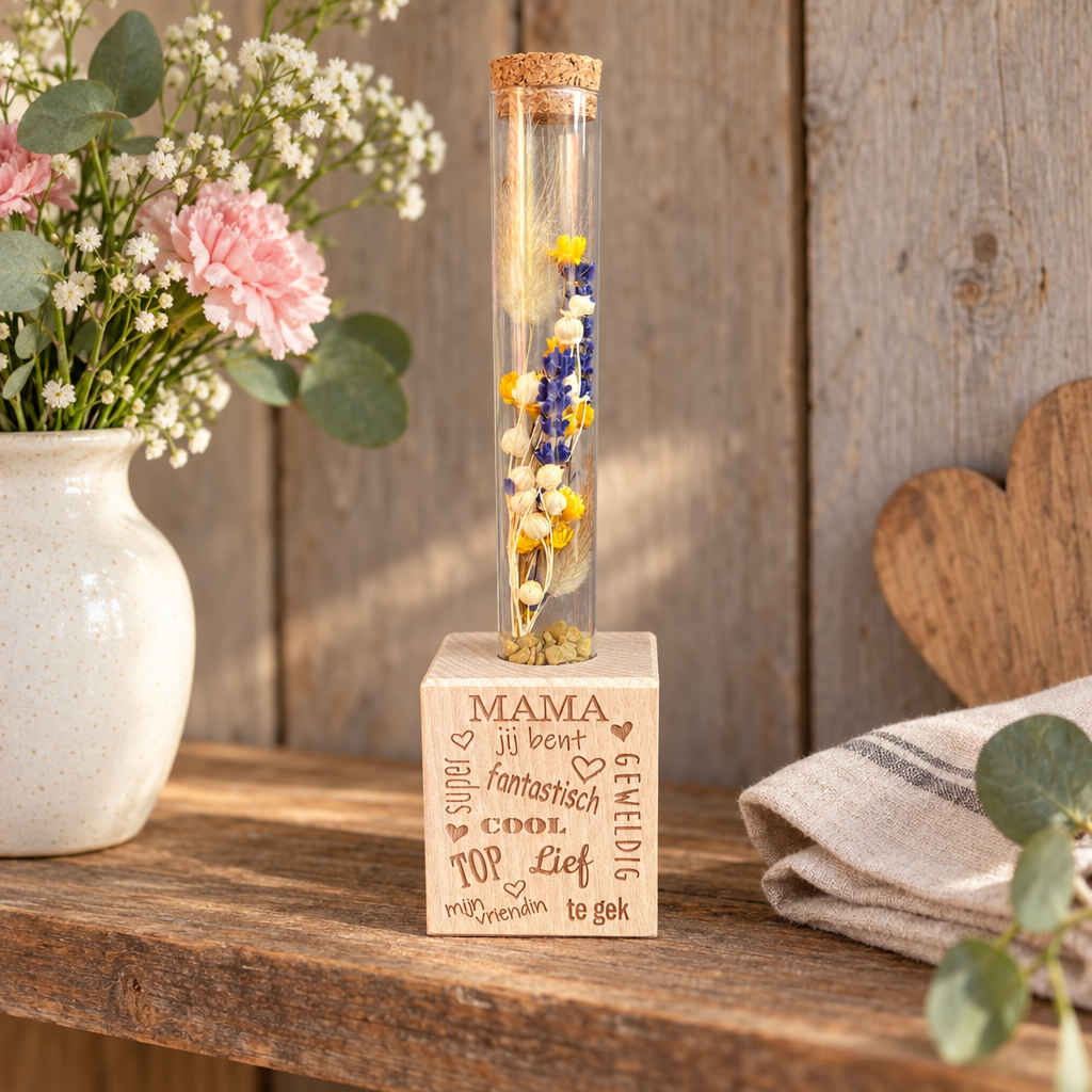 Houten blokje met gepersonaliseerde tekst en een glazen buisje gevuld met geel, wit en blauw gedroogde bloemen.