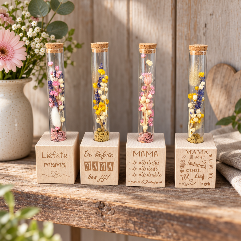 Set houten blokjes met glazen buisjes gevuld met gedroogde bloemen en gepersonaliseerde teksten voor mama