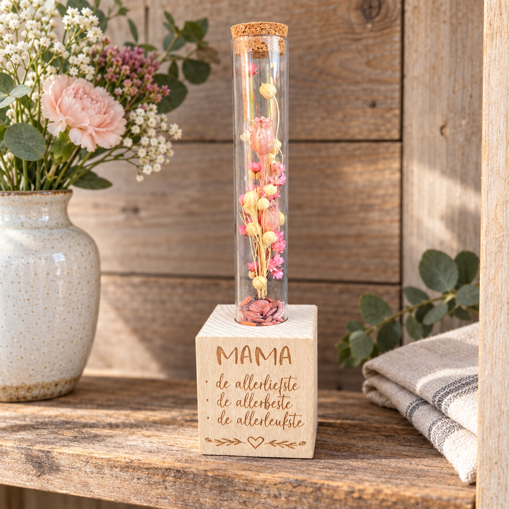 Houten blokje met een naam en een gepersonaliseerde tekst, met daarop een glazen buisje gevuld met roze en beige droogbloemen.