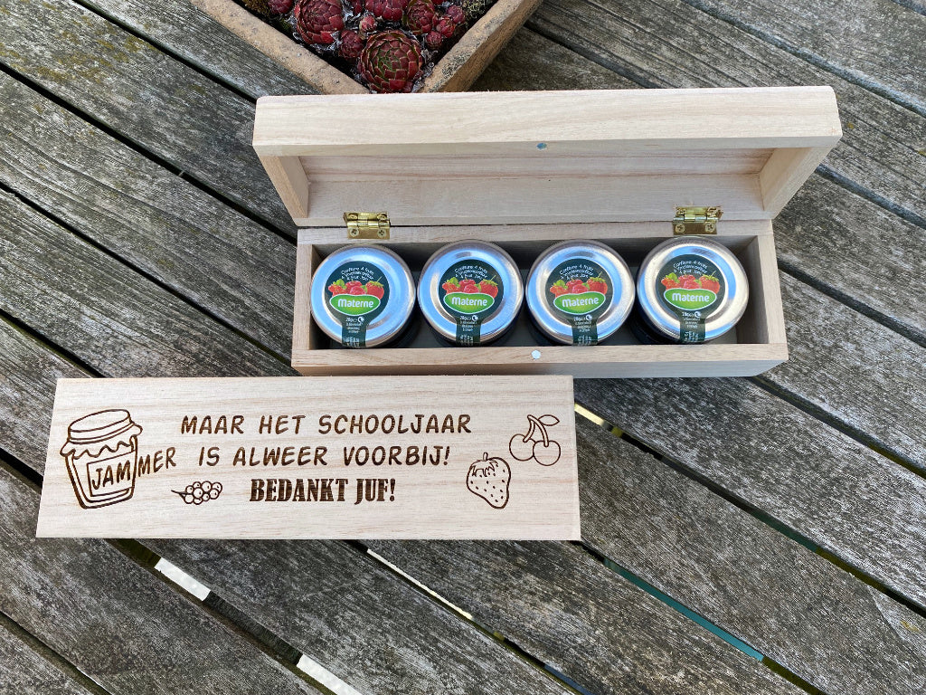 Kistje einde schooljaar met choco confituur of mars detail