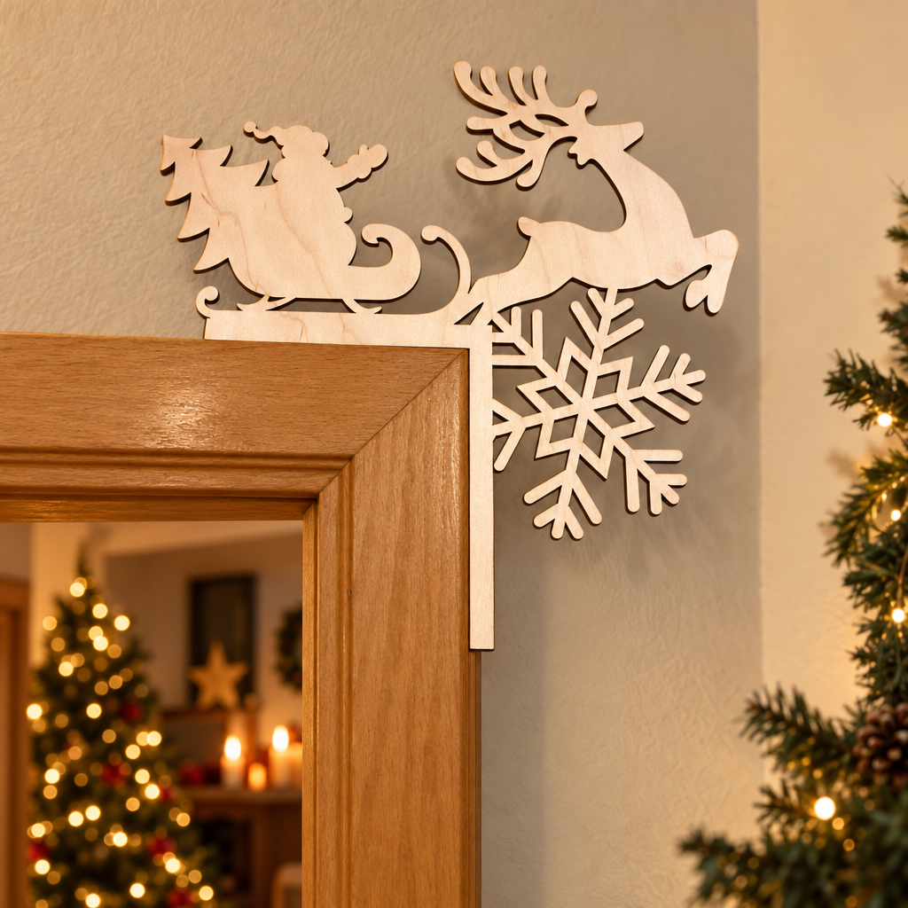 Houten deurdecoratie kerst in naturel kleur met een rendier, slee en sneeuwvlok vorm, ontworpen om aan deurpost te hangen.
