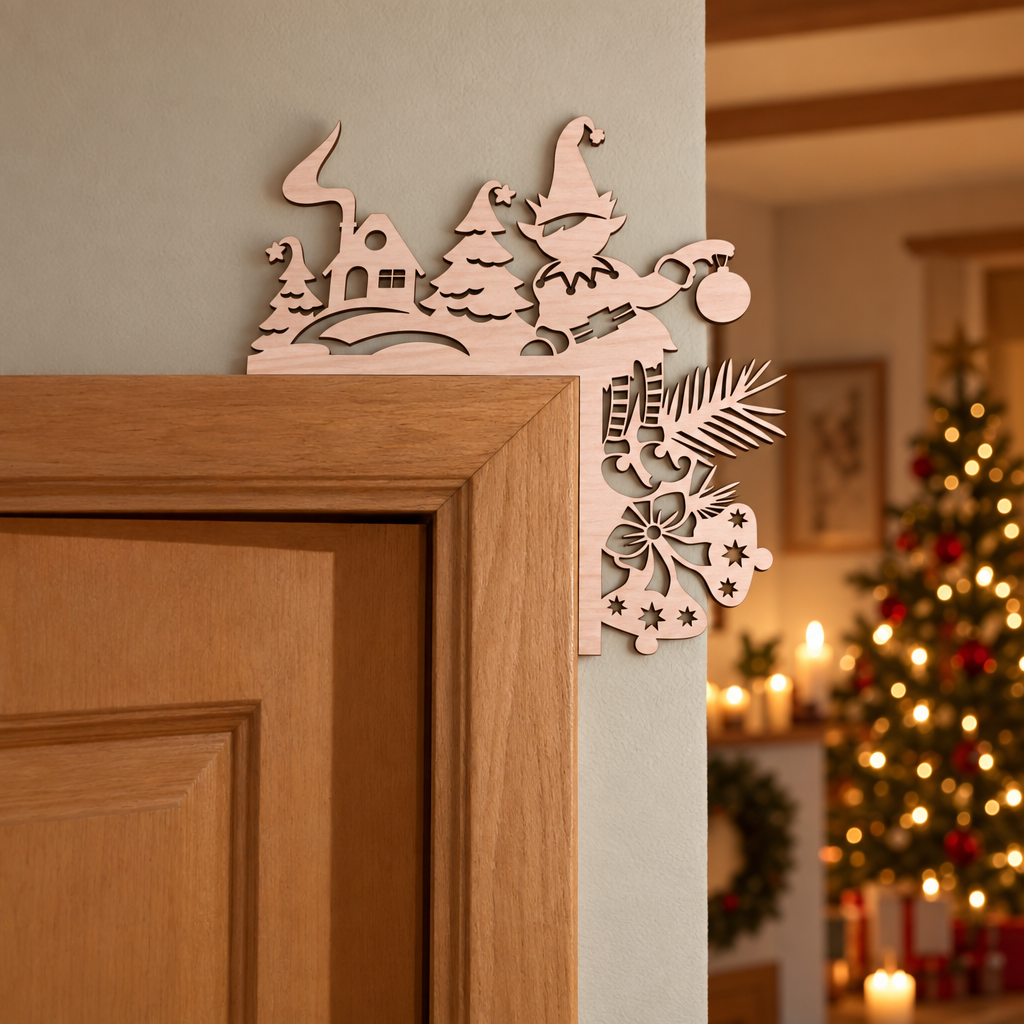 Houten deurdecoratie kerst met uitgesneden elf, dennenbomen, huisje en kerstversiering in natuurlijke houtkleur.
