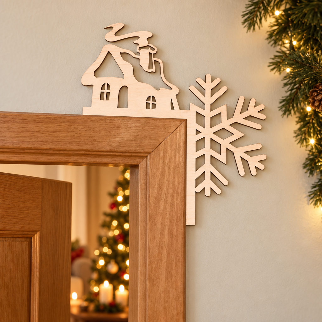 Houten deurdecoratie kerst in lichte houtkleur met de vormen van een huisje met schoorsteenrook en een grote sneeuwvlok.