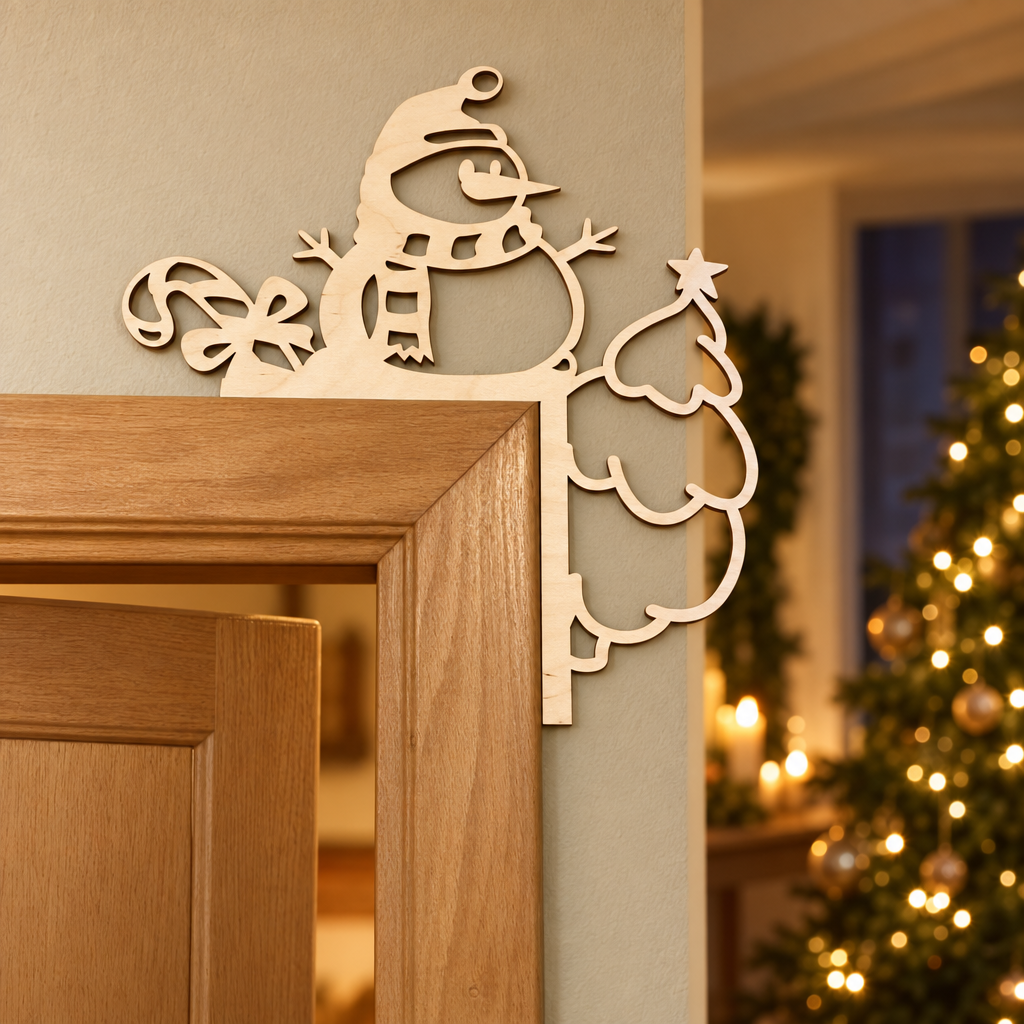 Houten deurdecoratie in de vorm van een sneeuwpop met een kerstboom en een lollie, naturel houtkleurig.