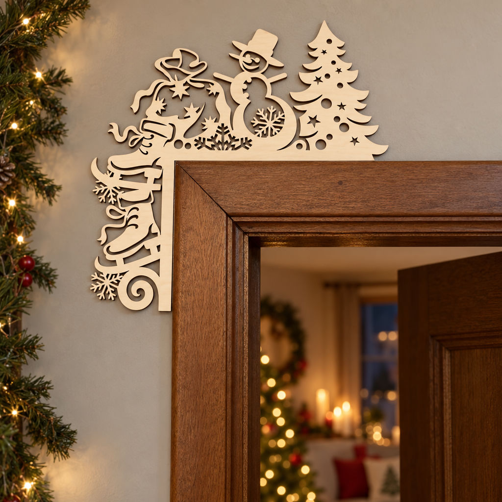 Houten deurdecoratie kerst in naturel houtkleur met uitgesneden vorm van een kerstboom, sneeuwpop en skates.