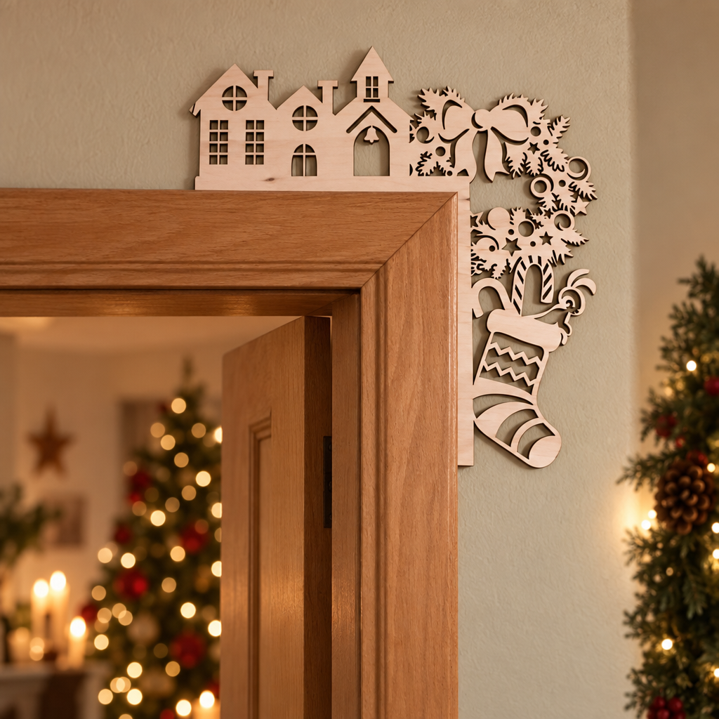 Houten kerstdeurdecoratie met uitgesneden vormen van huisjes, kerstkrans, strik en een sok in naturel houtkleur.