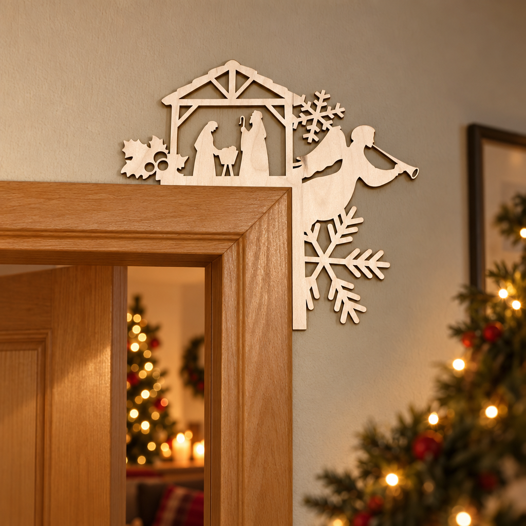Houten deurdecoratie kerst met opengewerkt silhouet van kerststal, engel, sneeuwvlokken en hulstblaadjes in naturel houtkleur.