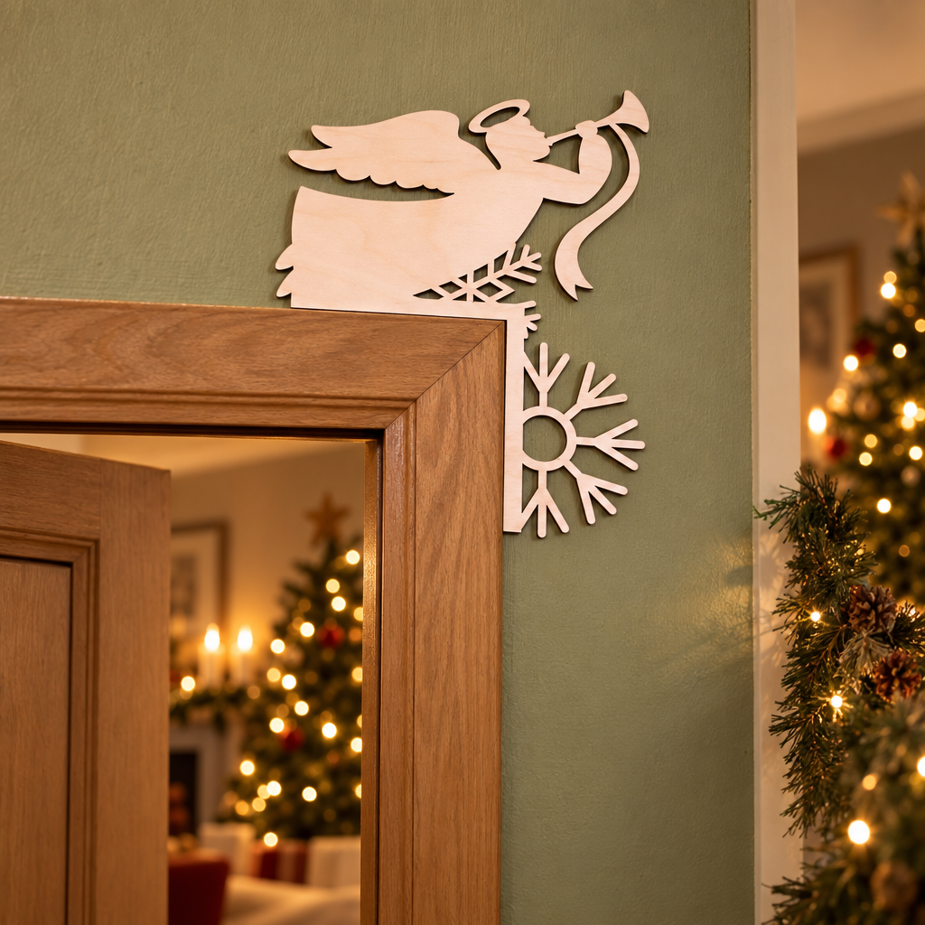 De houten deurdecoratie kerst is licht van kleur en toont een engel met trompet en een sneeuwvlokvormig ornament.
