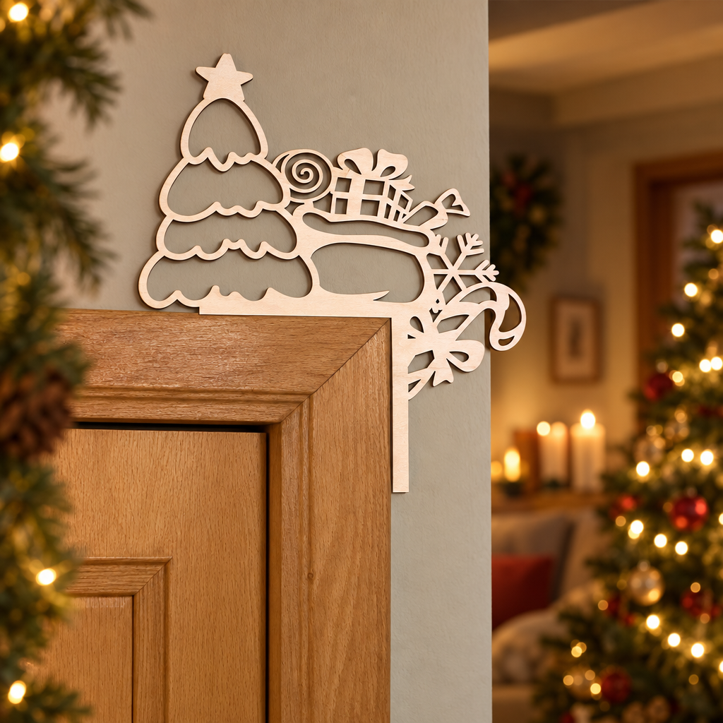 De houten deurdecoratie kerst in natuurlijke kleur heeft vormen van een kerstboom, cadeaus, een sneeuwvlok en een candy cane.