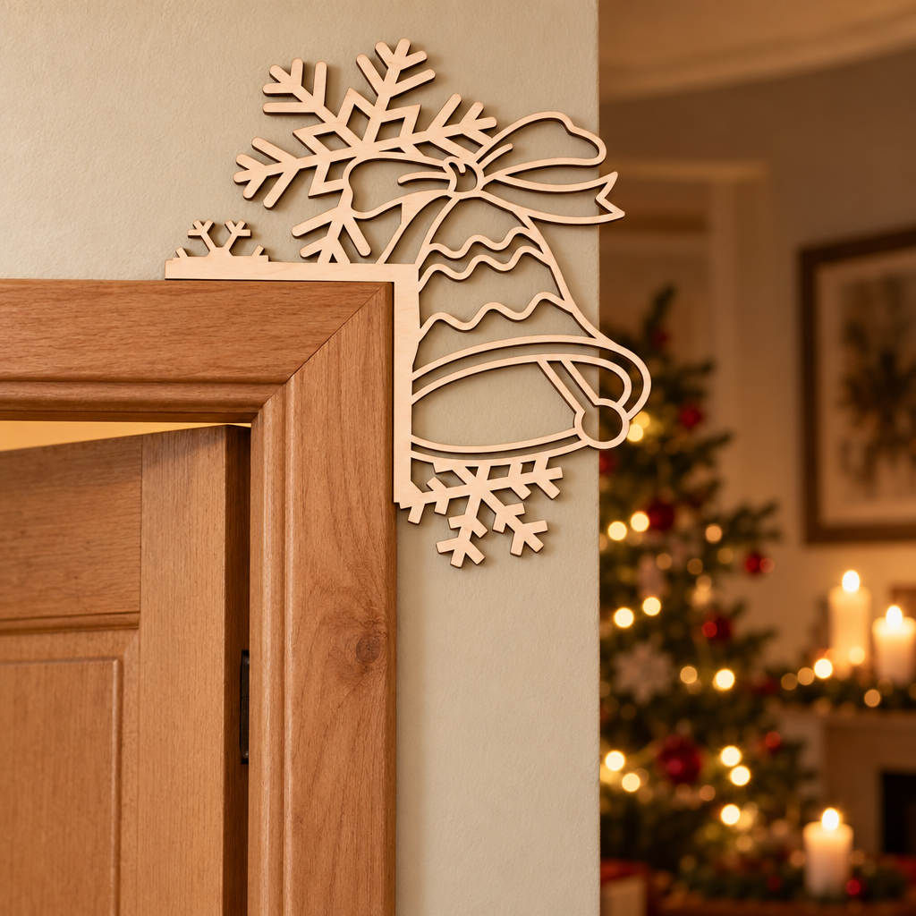 Houten deurdecoratie in uitsnede van kerstbel met lint en sneeuwvlokken, natuurlijke houtkleur zonder verf.
