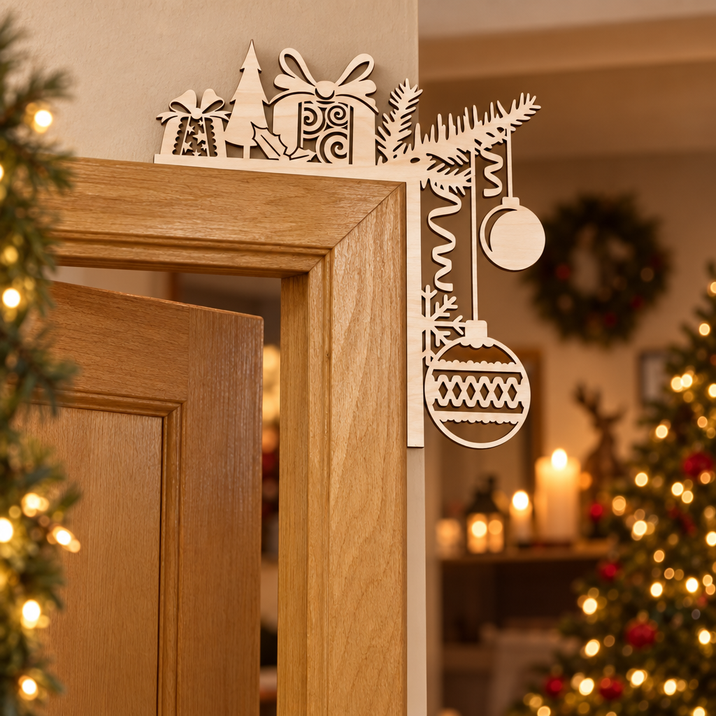 Houten deurdecoratie in natuurlijke kleur met kerstcadeaus, kerstboom, dennentak en hangende kerstballen.