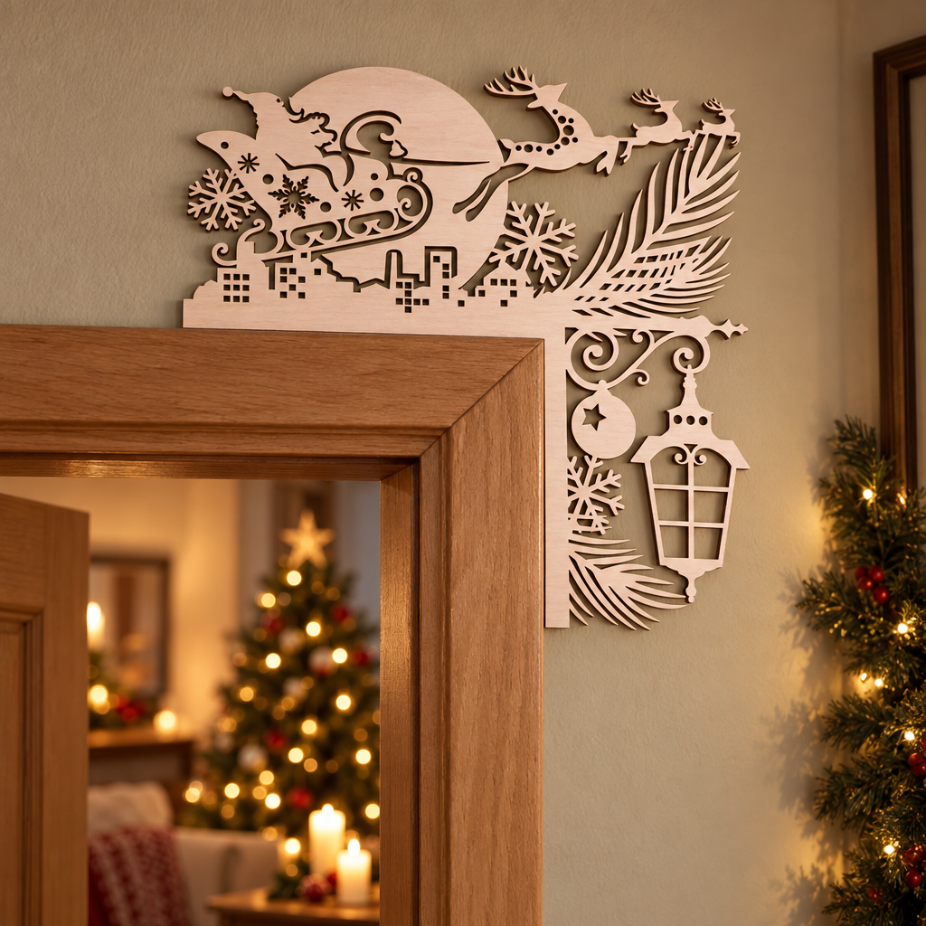 Houten kerstdeurdecoratie met silhouetten van kerstman in slee, rendieren, sneeuwvlokken, dennenappels en lampion.
