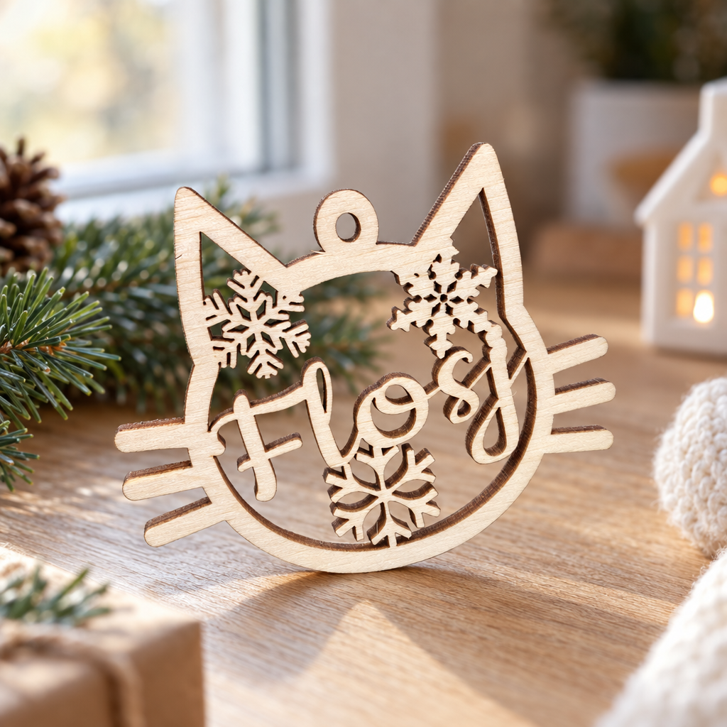 Houten kerstbal in de vorm van een kattenkop met uitgesneden sneeuwvlokken en de naam "Floss" erin verwerkt.