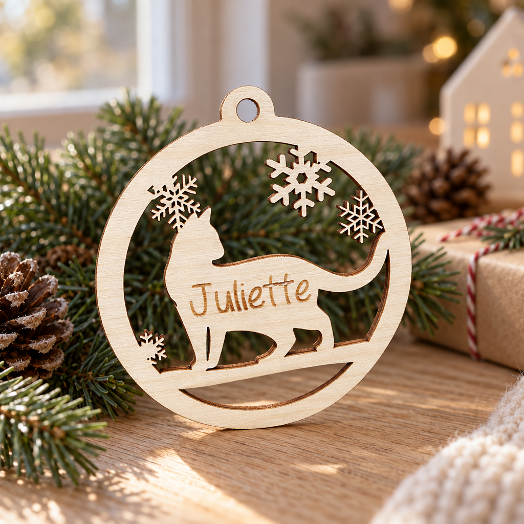 Ronde houten kerstbal met uitgesneden kat, sneeuwvlokken en de naam Juliette erin gegraveerd.