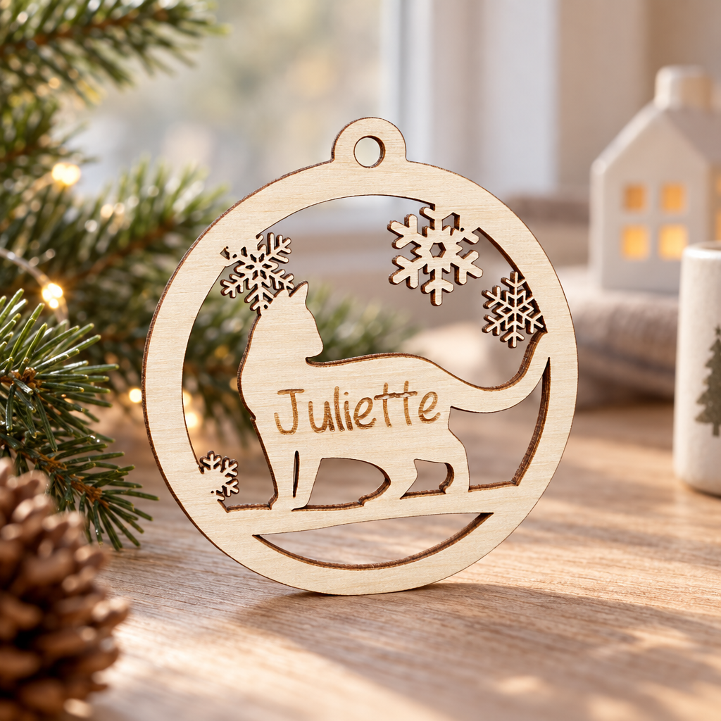 Houten ronde kerstbal met uitgesneden sneeuwvlokken en een kattenfiguur met naam Juliette erin gegraveerd.