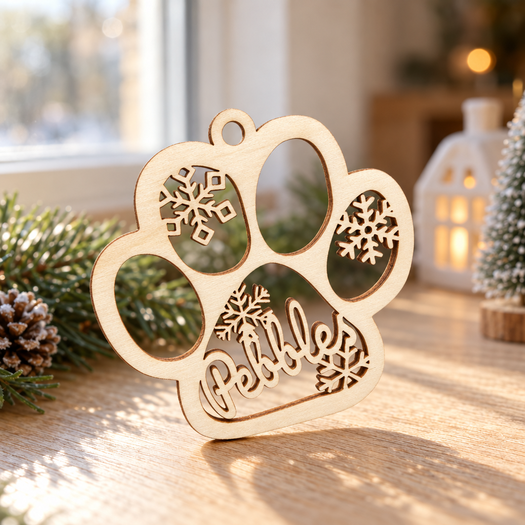 Houten kerstbal in de vorm van een dierenpoot met uitgesneden sneeuwvlokken en de naam Pebbles erin.