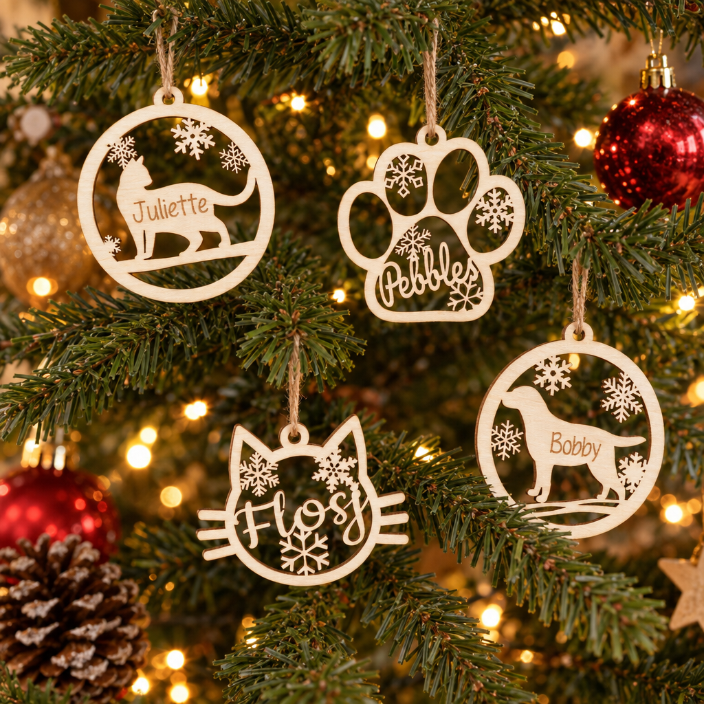 Houten kerstballen in de vorm van dieren, met uitgesneden sneeuwvlokken en gepersonaliseerde namen Juliette, Pebbles, Flos en Bobby.