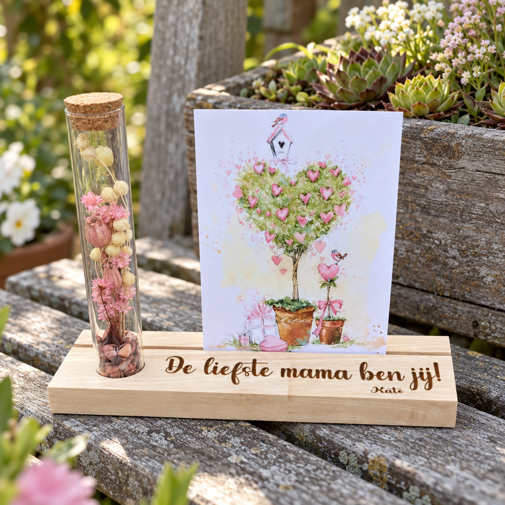 Houten fotoplankje met glazen buisje gevuld met roze en witte droogbloemen en een gepersonaliseerde tekst.