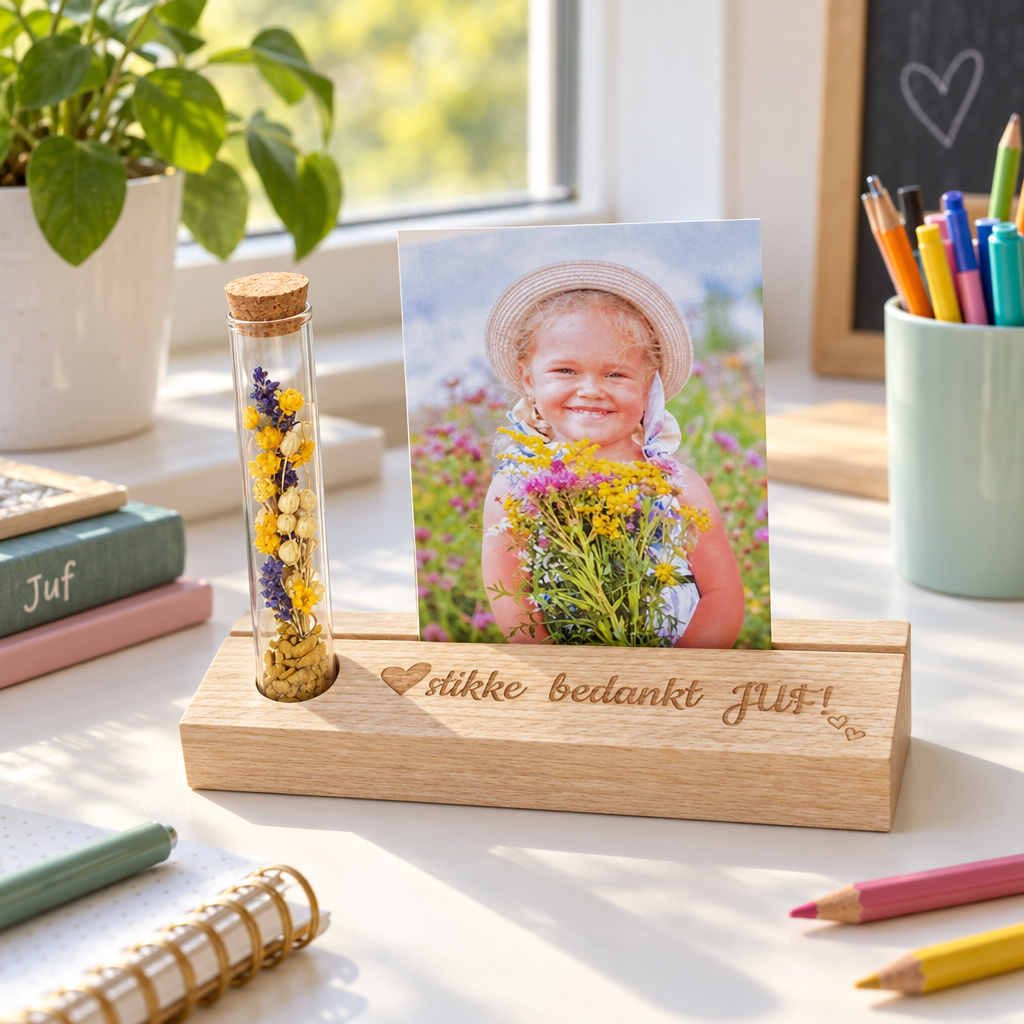 Houten fotoplankje met glazen buisje gevuld met gele en paarse droogbloemen en een gepersonaliseerde tekst.