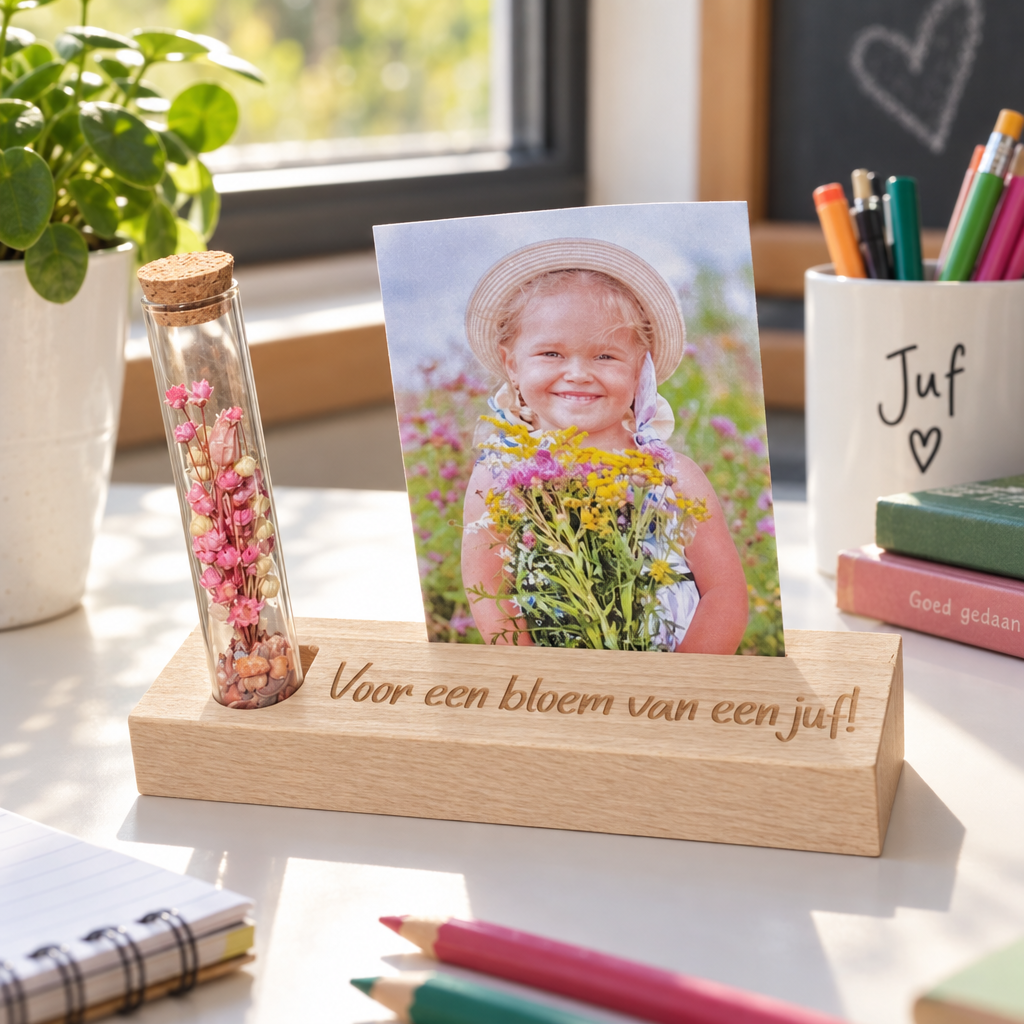 Houten fotoplankje met gepersonaliseerde tekst en glazen buisje met roze droogbloemen.