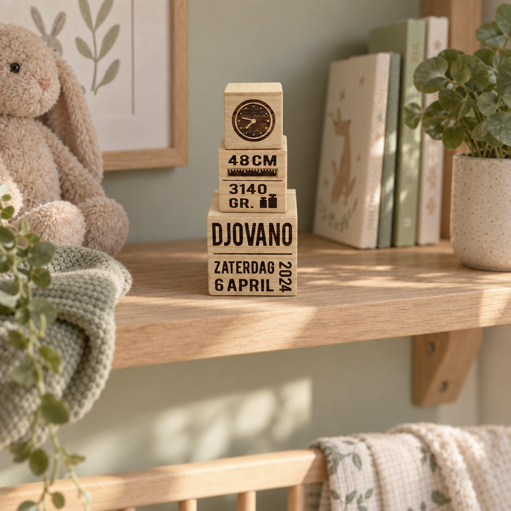 Set van drie houten kubussen in naturel houtkleur met zwarte persoonlijke gravures en een klokmotief bovenop de kleinste kubus.