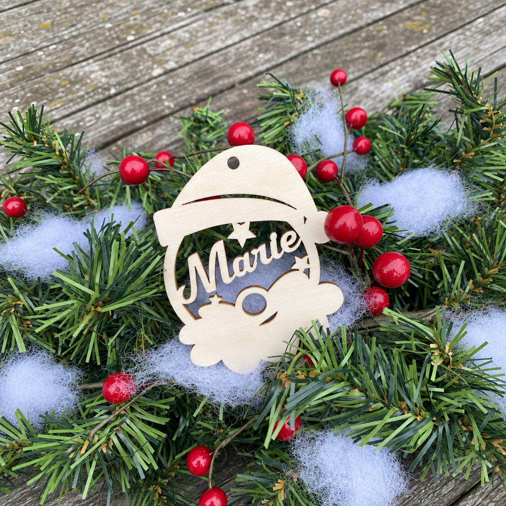 Houten kerstbal in de vorm van een kerstmanhoofd met de naam Marie en sterretjes als versiering.
