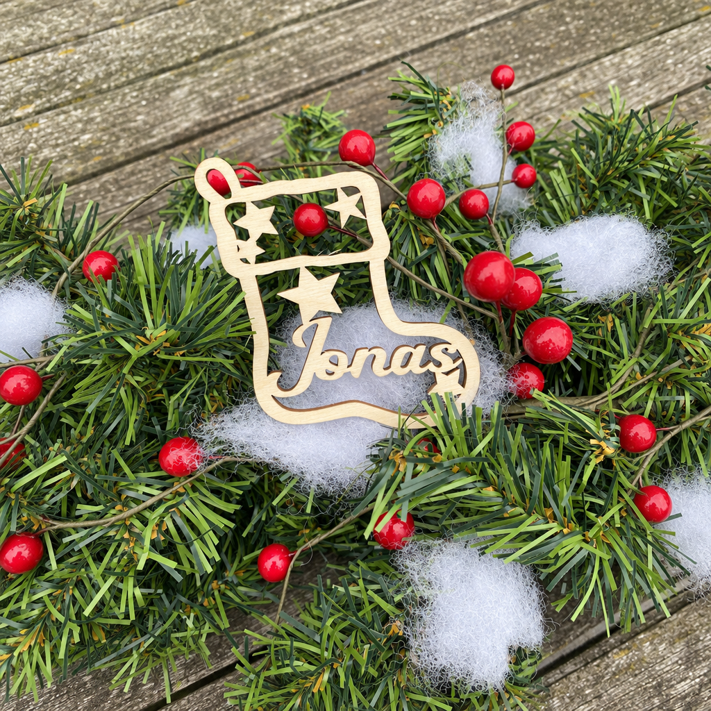 Houten kerstbal in de vorm van een kerstsok met uitgesneden sterren en de naam Jonas erin verwerkt.