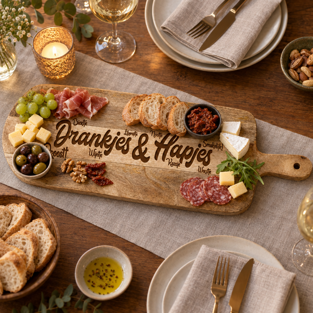 Houten tapasplank met handvat, lichtbruin mangohout, gegraveerde tekst "Drankjes & Hapjes" met omliggende kleine woorden.