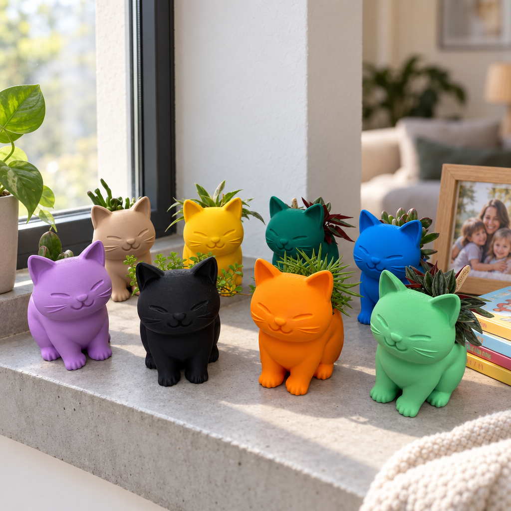 Set van kleurrijke houten plantenpotjes in de vorm van zittende katten met verschillende kleine planten.