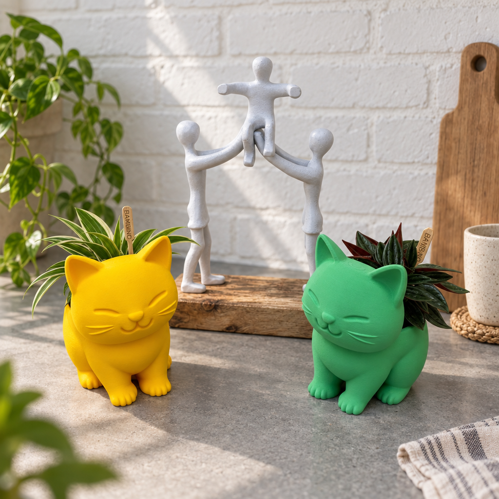 Set van twee plantenpotjes van geel en groen keramiek in de vorm van een zittende, tevreden kat met planten erin.
