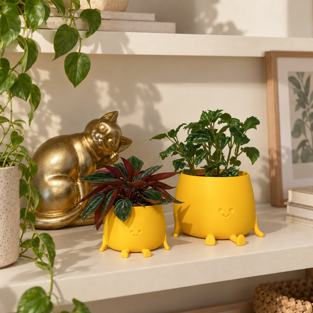 Twee gele bloempotten met een vrolijk gezichtje en pootjes, een klein en een groot formaat, met planten erin.