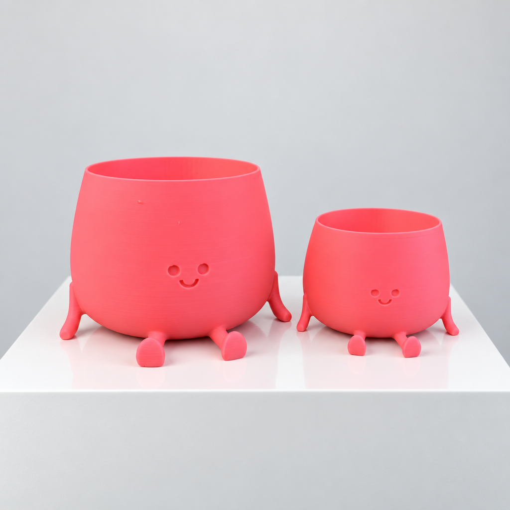 Set van twee roze keramische bloempotten met vrolijk gezichtje en pootjes, in groot en klein formaat.