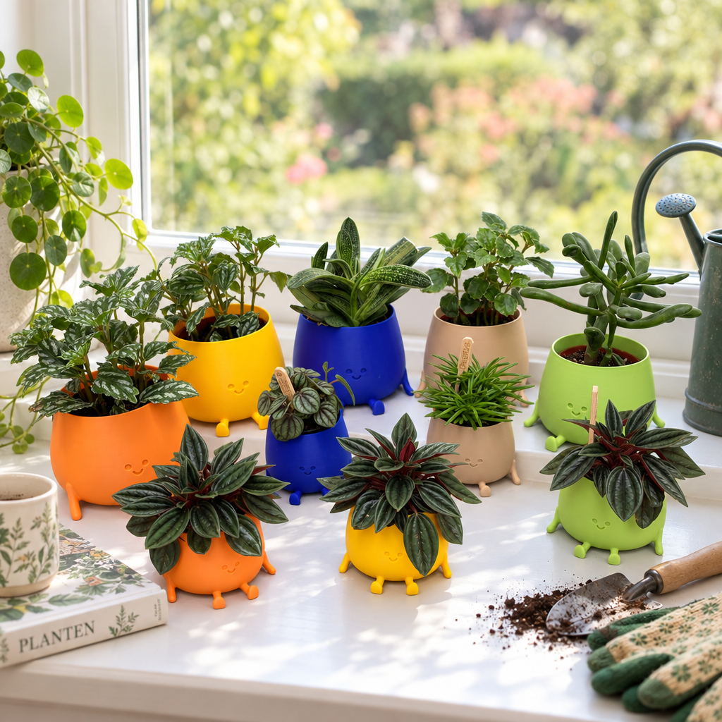 Set van speelse keramische bloempotjes met vrolijk gezichtje en pootjes in verschillende kleuren en formaten gevuld met diverse planten.