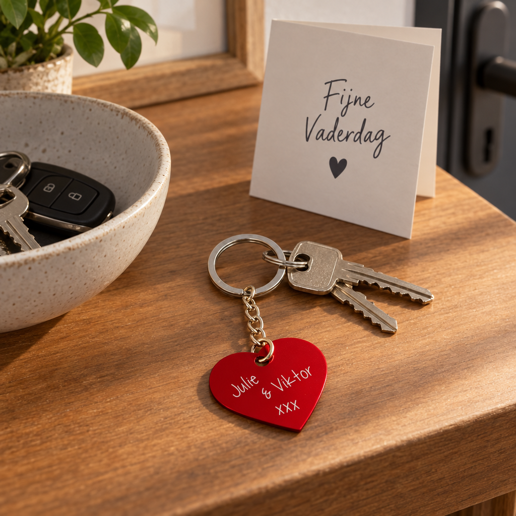 Rode metalen hartvormige sleutelhanger met een gepersonaliseerde tekst, bevestigd aan een sleutelhanger.