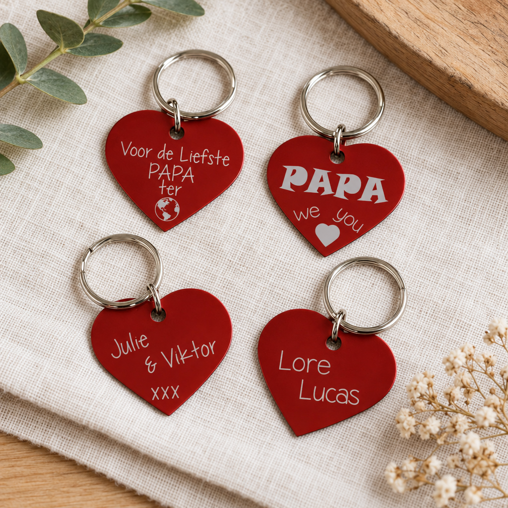 Rode metalen hartvormige sleutelhangers met gepersonaliseerde gravures en zilverkleurige ringen.