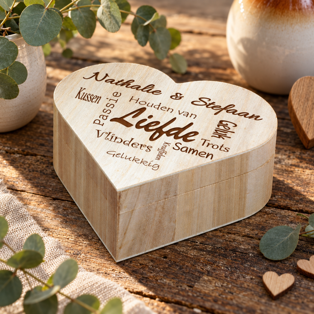 Hartvormig houten kistje met verschillende woorden en gepersonaliseerde tekst als decoratie op het deksel.