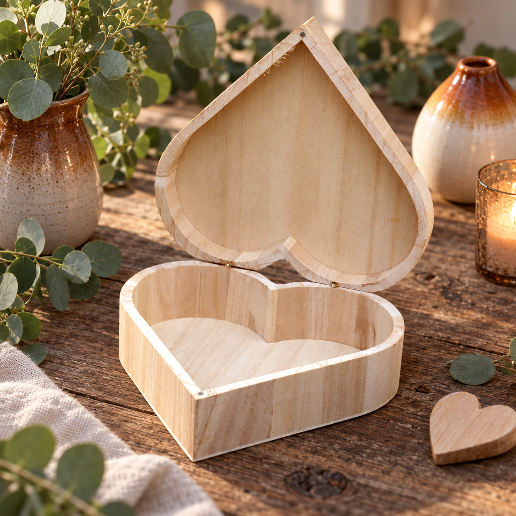 Houten hartvormig kistje met scharnierend deksel, naturel houtkleur en glad oppervlak zonder zichtbare personalisatie.