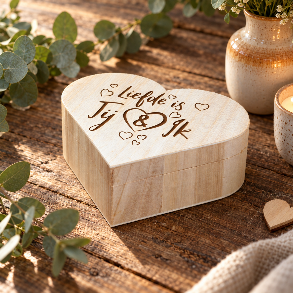 Houten hartvormig kistje met een gepersonaliseerde tekst en kleine hartjes als decoratie.