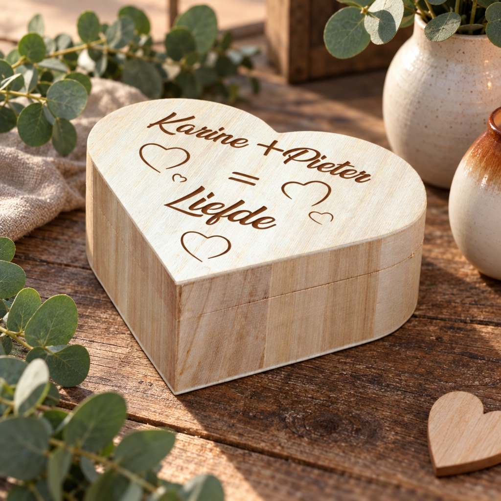 Houten hartvormig kistje met gepersonaliseerde tekst en hartjesgravure op het deksel.