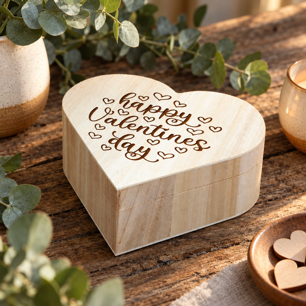 Houten hartvormig kistje met gravure van letters en kleine hartjes op het deksel.