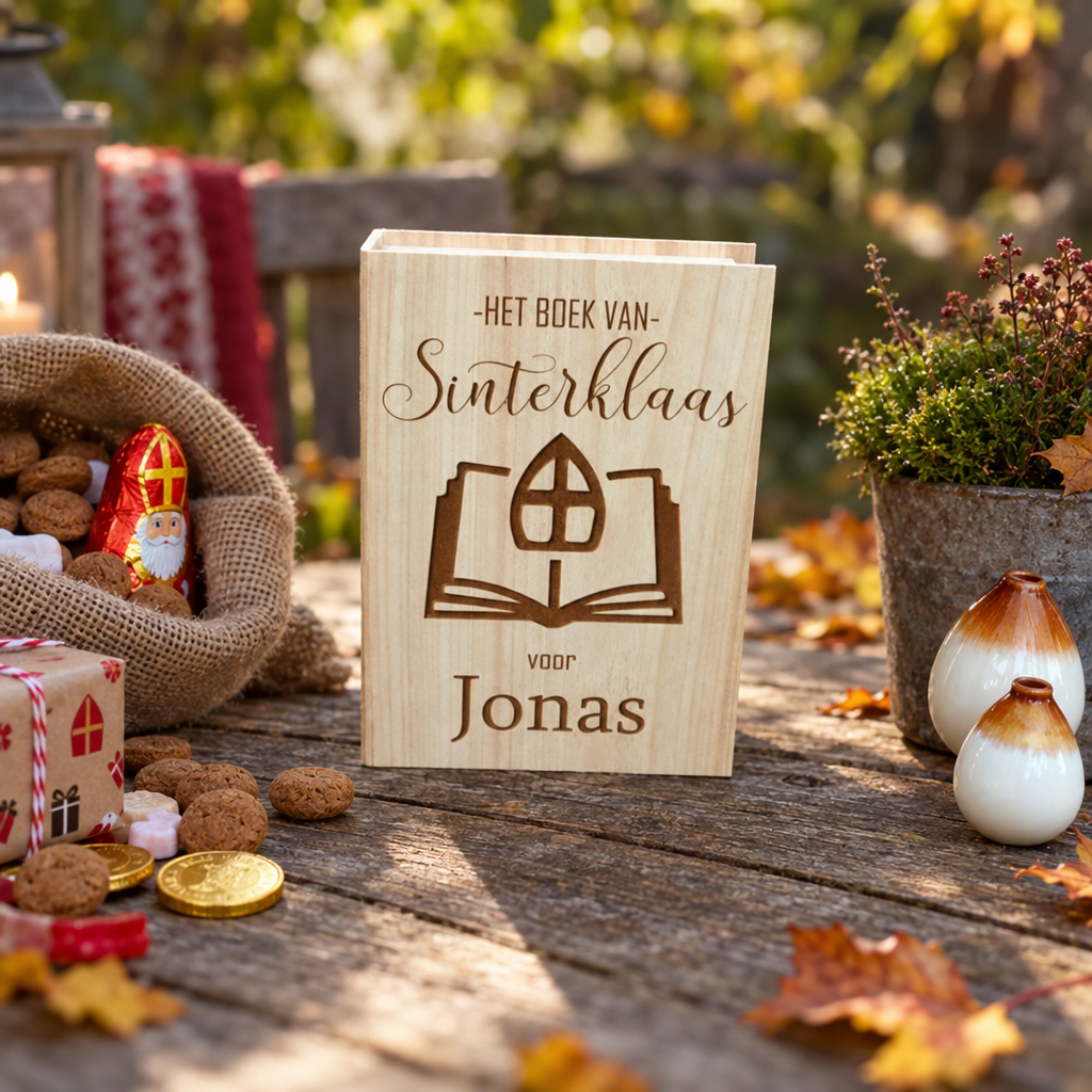 Gepersonaliseerde houten boekkist met gegraveerd Sint Nicolaas motief en naam, in lichte houtkleur en rechthoekig vorm.