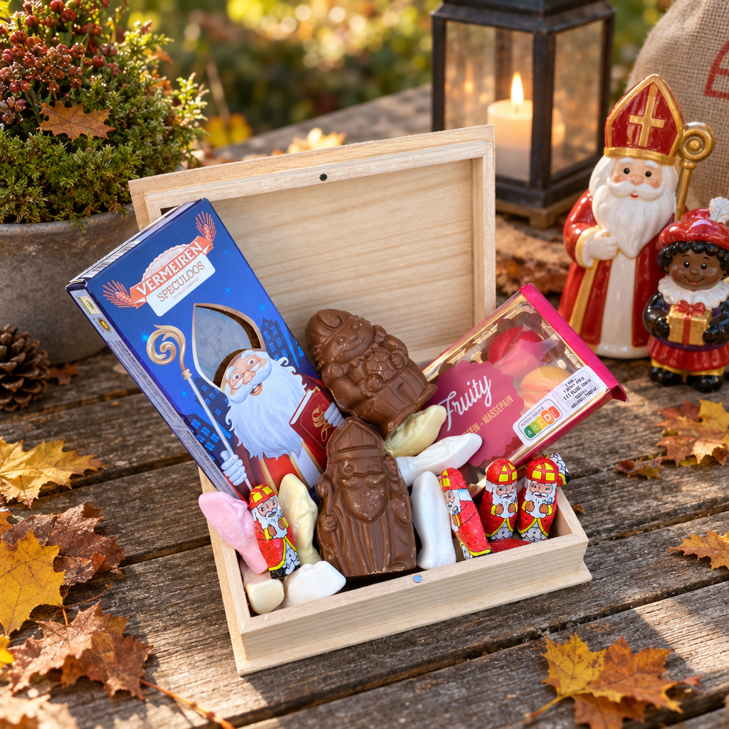 Licht houten boekkistje met geopend deksel, gevuld met Sinterklaas-chocolade en snoepjes, gepersonaliseerd met een naam.