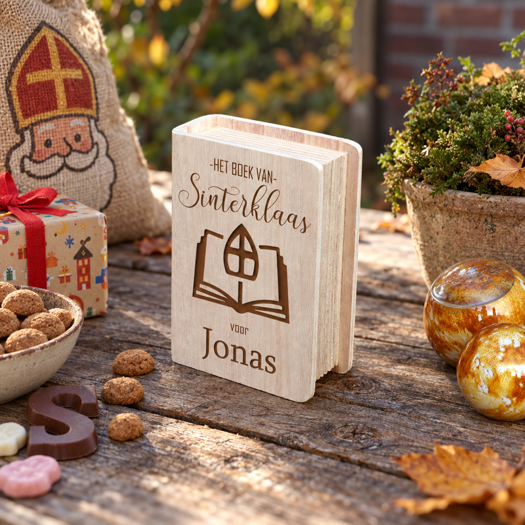 Houten boekvormige kist met een gepersonaliseerde tekst en een gesneden Sinterklaas-mitra motief.