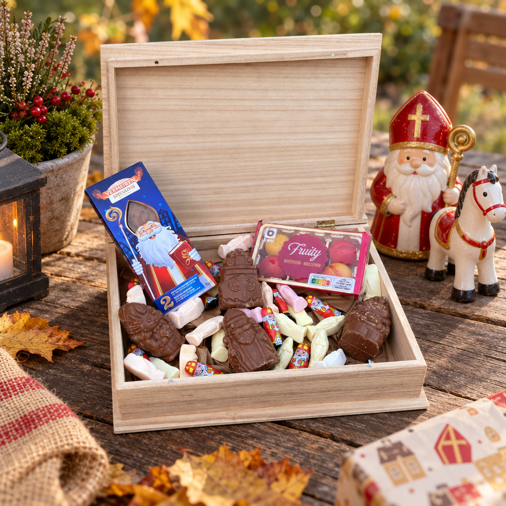 Houten open boekkist met een gepersonaliseerde tekst gevuld met chocolade en snoep in sinterklaasstijl.