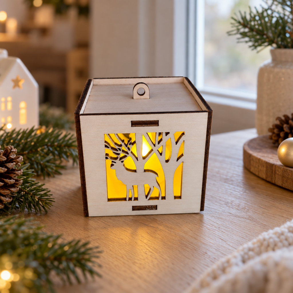 Houten kubusvormige kerstbal met uitgesneden rendier- en boomfiguren met gele LED-verlichting binnenin.
